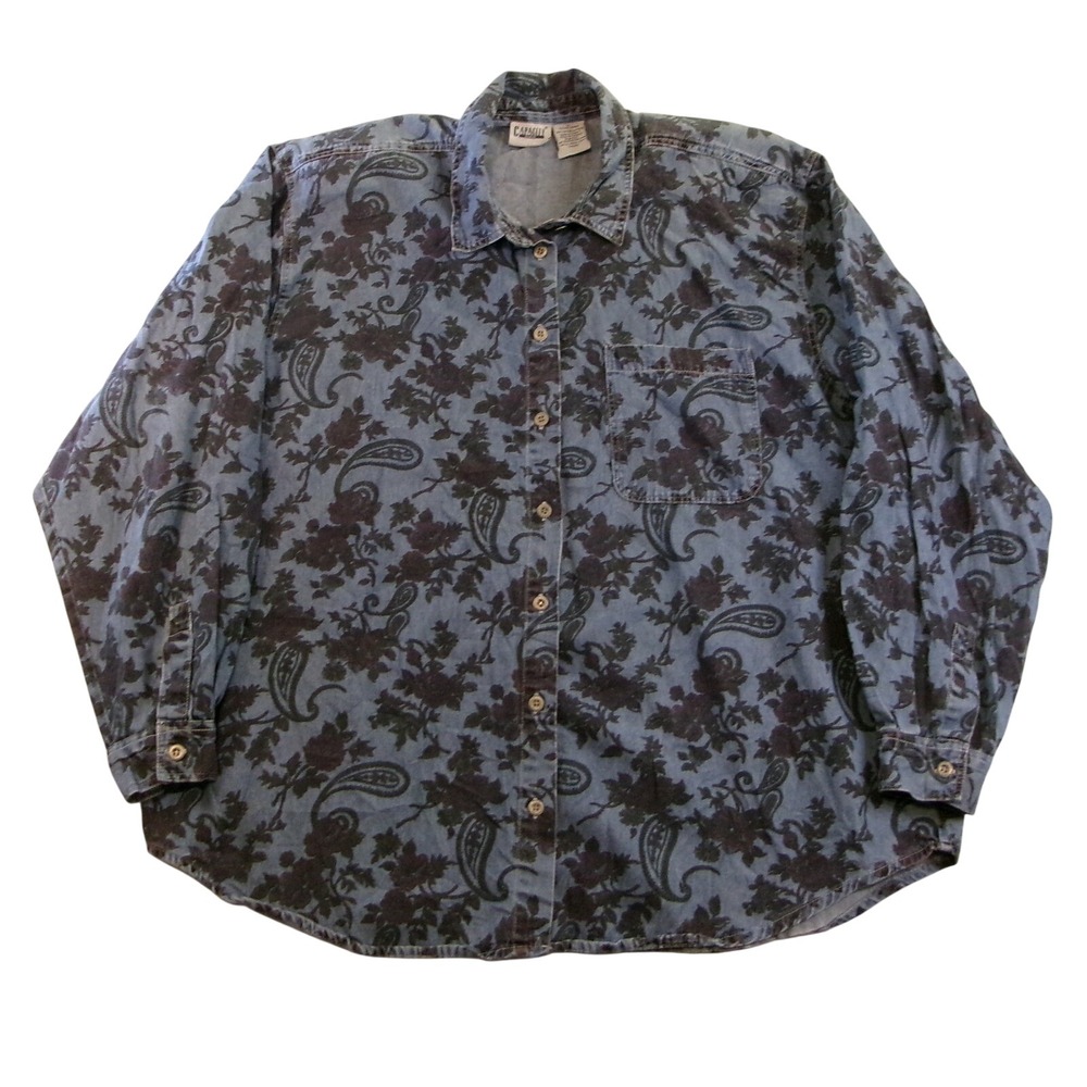 Capacity Men 2XL Button Down Shirt Blue Floral Paisley Denim Shoulder Pads